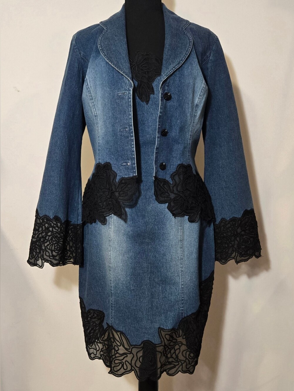 Basix II, Blue Denim Jacket & Skirt Set with Black Lace Trim